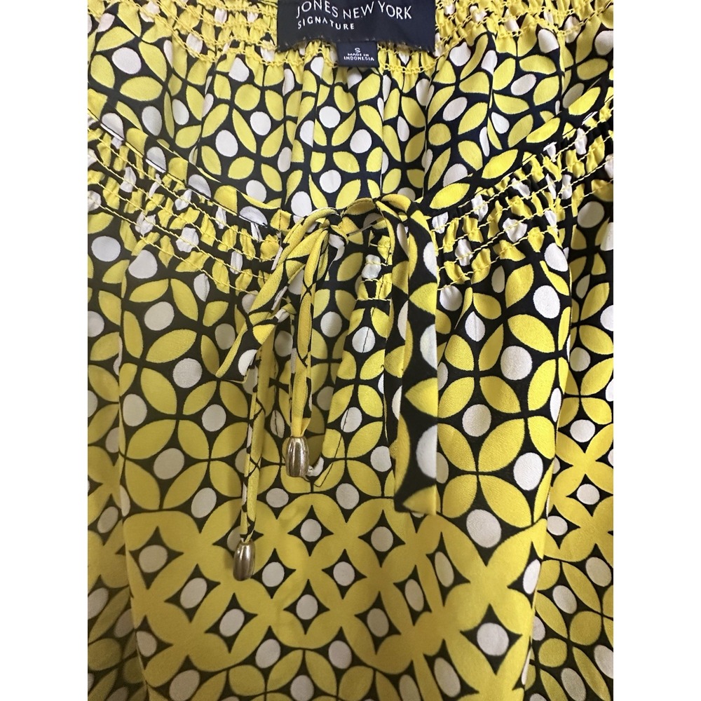 Jones New York Signature Yellow Navy White Geo Smock Tie‎ Neck Blouse Sz